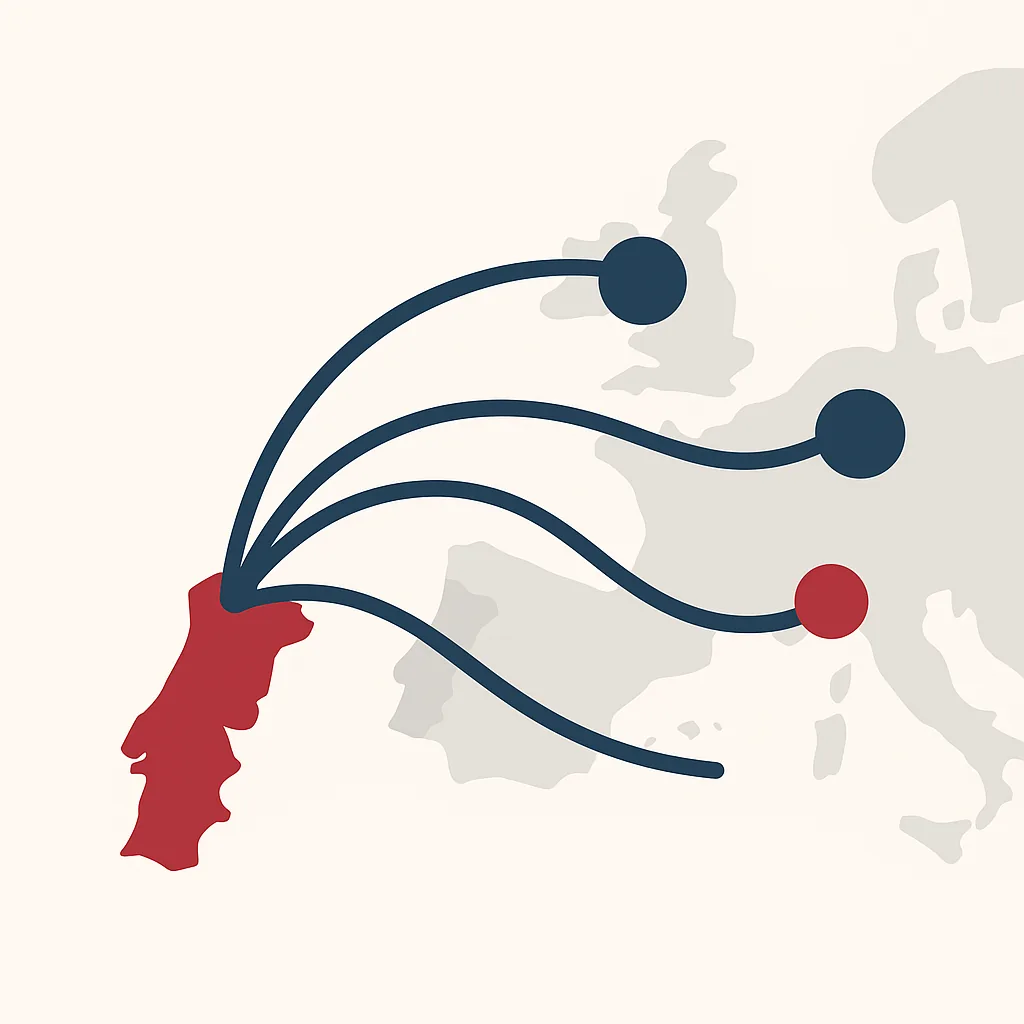 Mapa estilizado de Portugal com setas a cruzar para outros territórios europeus
